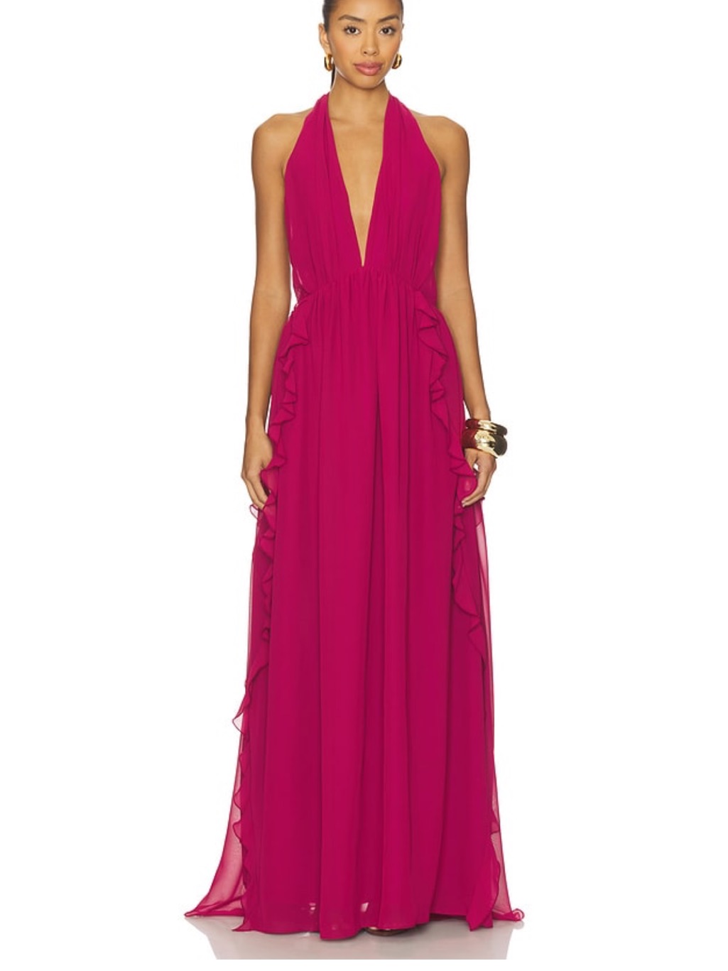 Tularosa Lenora Maxi Dress Raspberry Deep V Halter Ruffle-Trim Gown Revolve Xxs